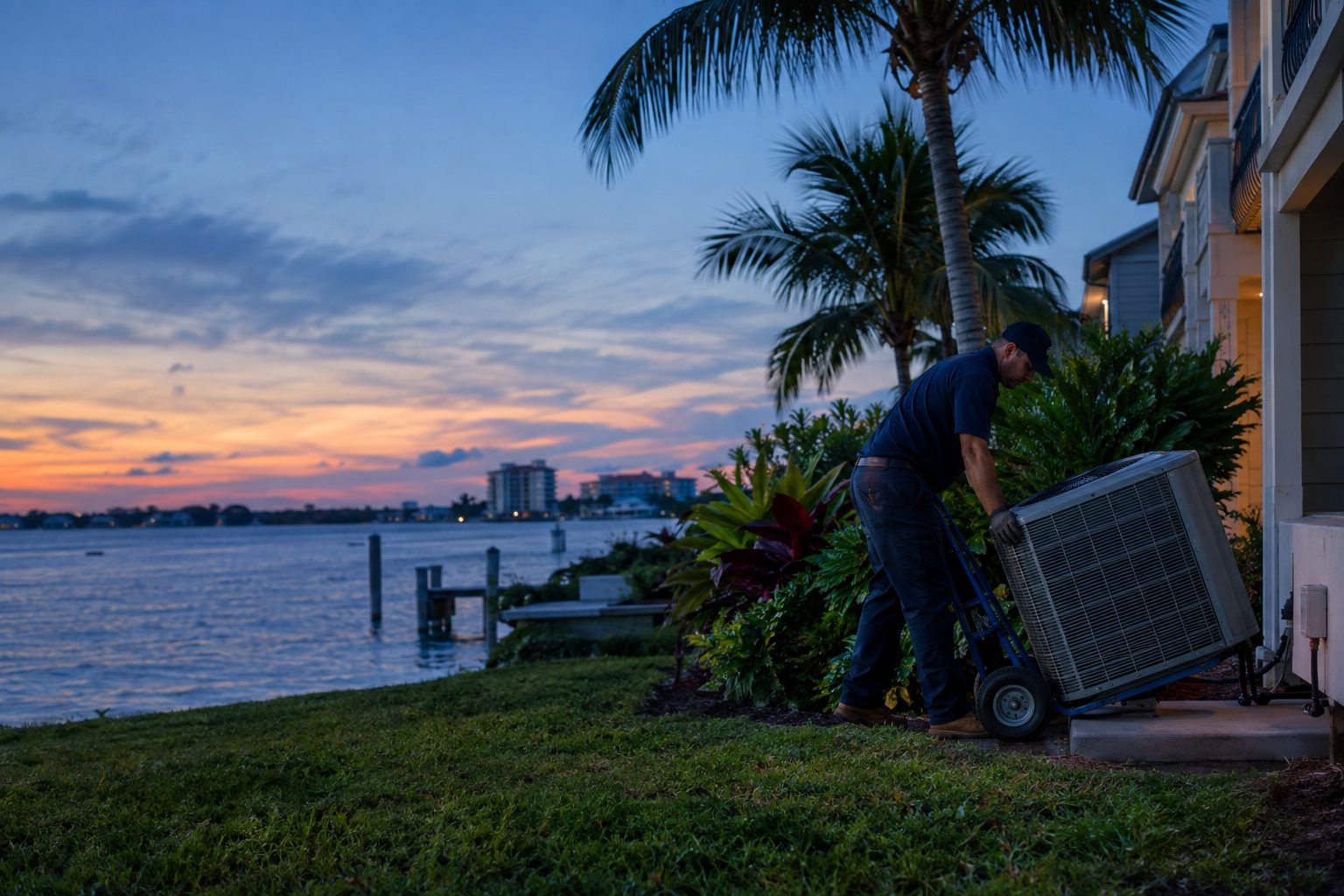 An installer lowering a condenser off a hand truck at a coastal townhome near the Intracoastal in Jupiter, FL