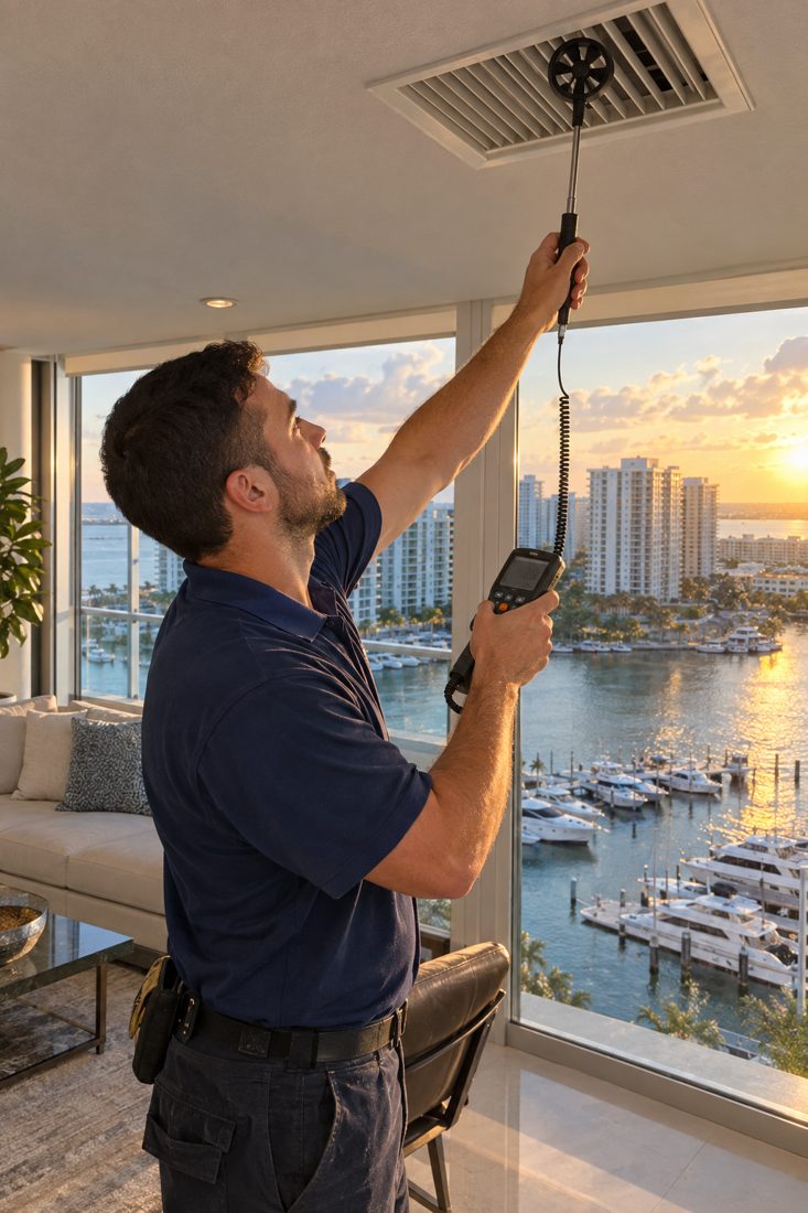 A technician measuring airflow at a ceiling vent with an anemometer inside a waterfront high-rise condo with a marina view in Old Port Cove, FL