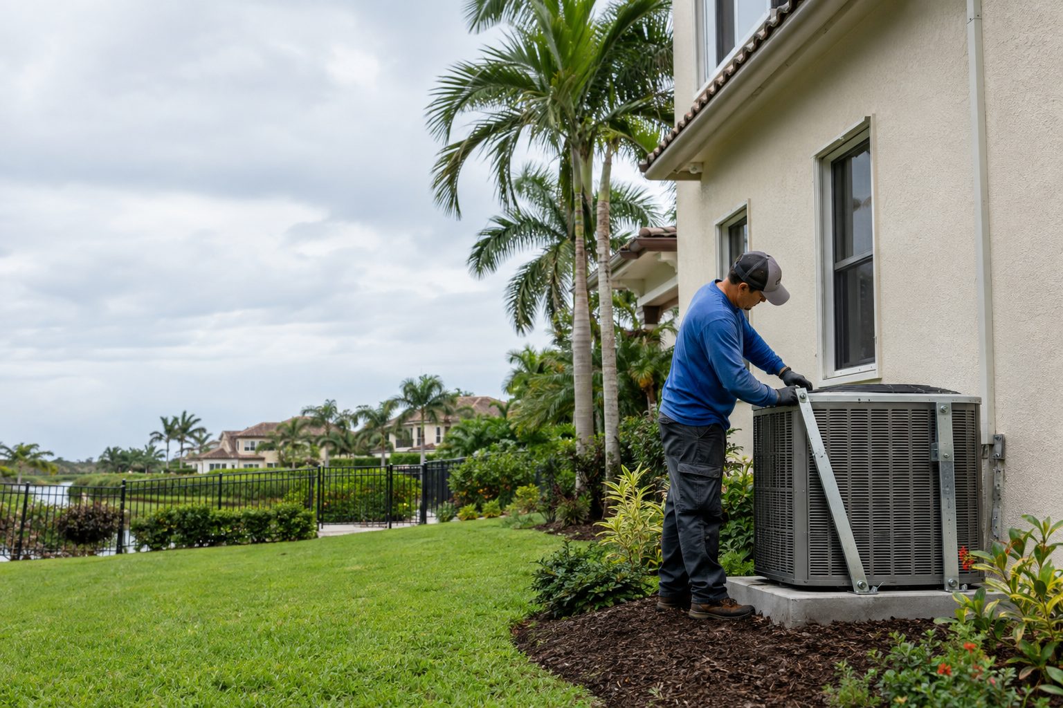 A technician installing hurricane tie-down straps on an AC unit at a two-story stucco home in a gated community in Palm Beach Gardens, FL