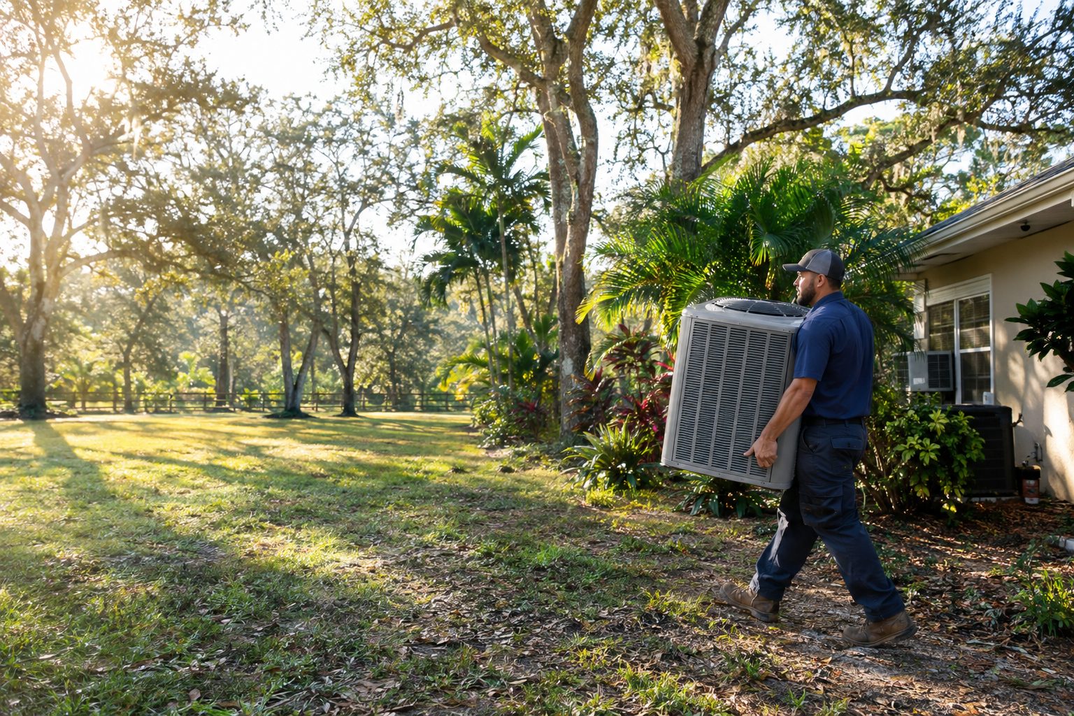 An HVAC technician carrying a new condenser across the side yard at a ranch home on a wooded acre lot with oak trees in Prosperity Farms, FL