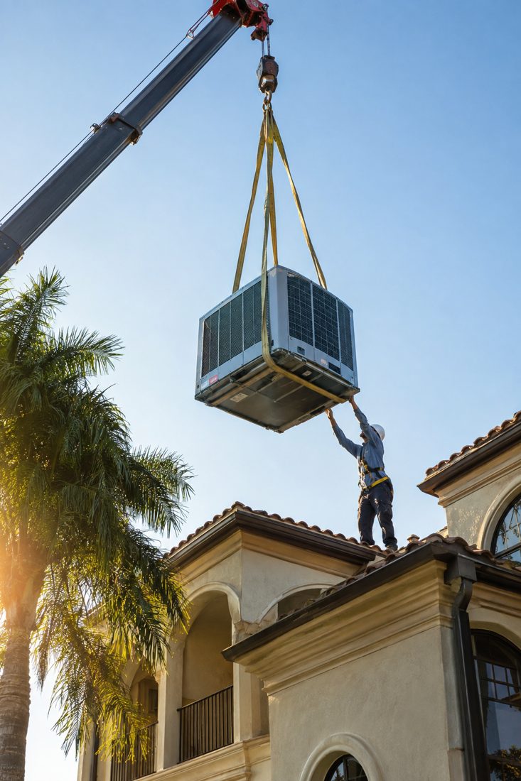 A crane lifting a rooftop AC unit on a condo building at a large Mediterranean-style home in Palm Beach Gardens, FL