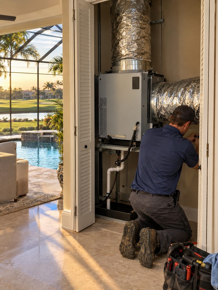 A dehumidifier tied into the ductwork in a closet inside a large golf-course home with a screened pool cage in Mirasol, FL