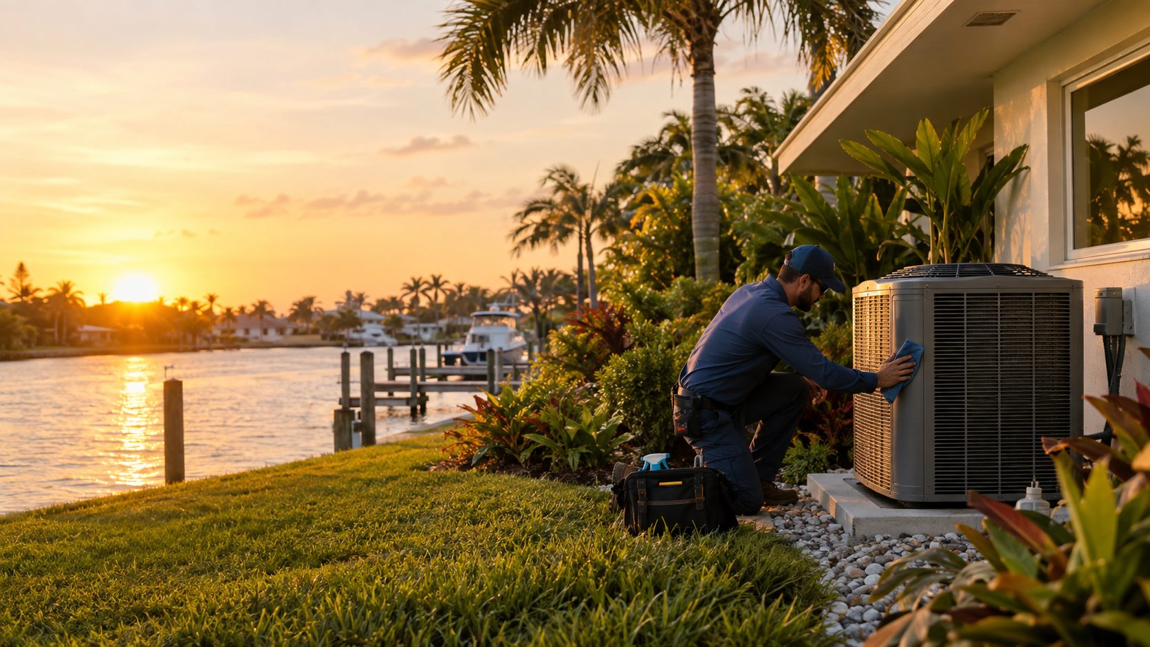A tech wiping down a freshly installed condenser at dusk at a mid-century waterfront ranch home on a canal in North Palm Beach, FL
