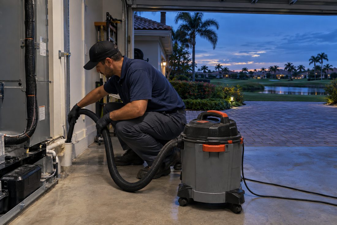 A technician clearing a condensate line with a wet vac in a garage inside a golf-community villa with a paver driveway in PGA National, FL