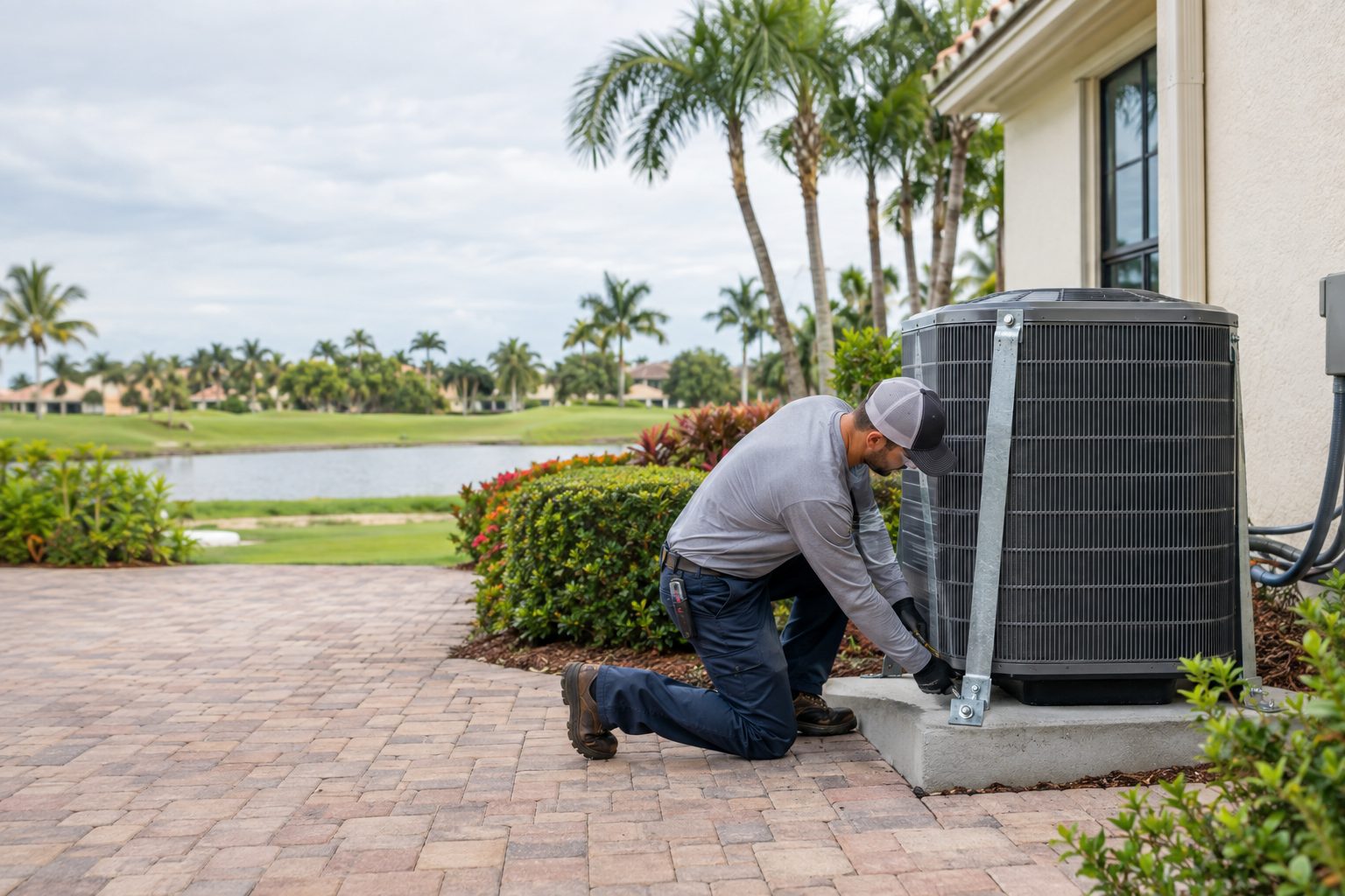 A technician installing hurricane tie-down straps on an AC unit at a golf-community villa with a paver driveway in PGA National, FL