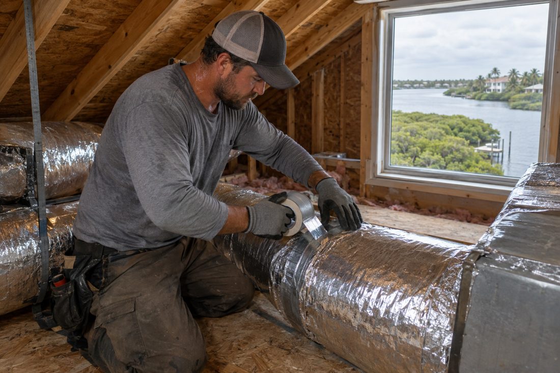 A technician sealing duct joints in a hot attic inside a riverside home with mangroves in Tequesta, FL