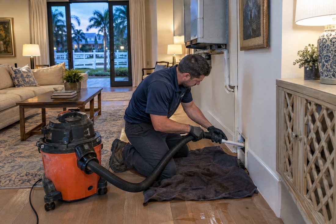 A technician vacuuming out a clogged condensate line with a wet vac at a equestrian-area estate home with white fencing in Wellington, Florida in Wellington, FL