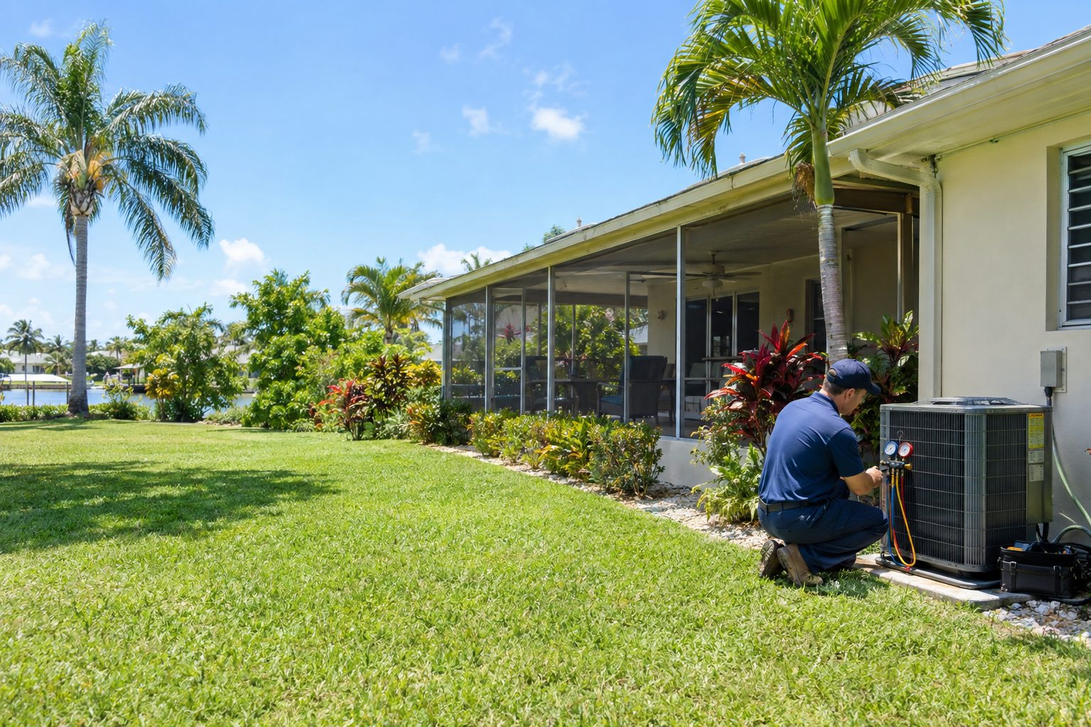 A technician kneeling beside the outdoor AC with gauges at a 1970s ranch house with a screened lanai in Lake Worth, FL