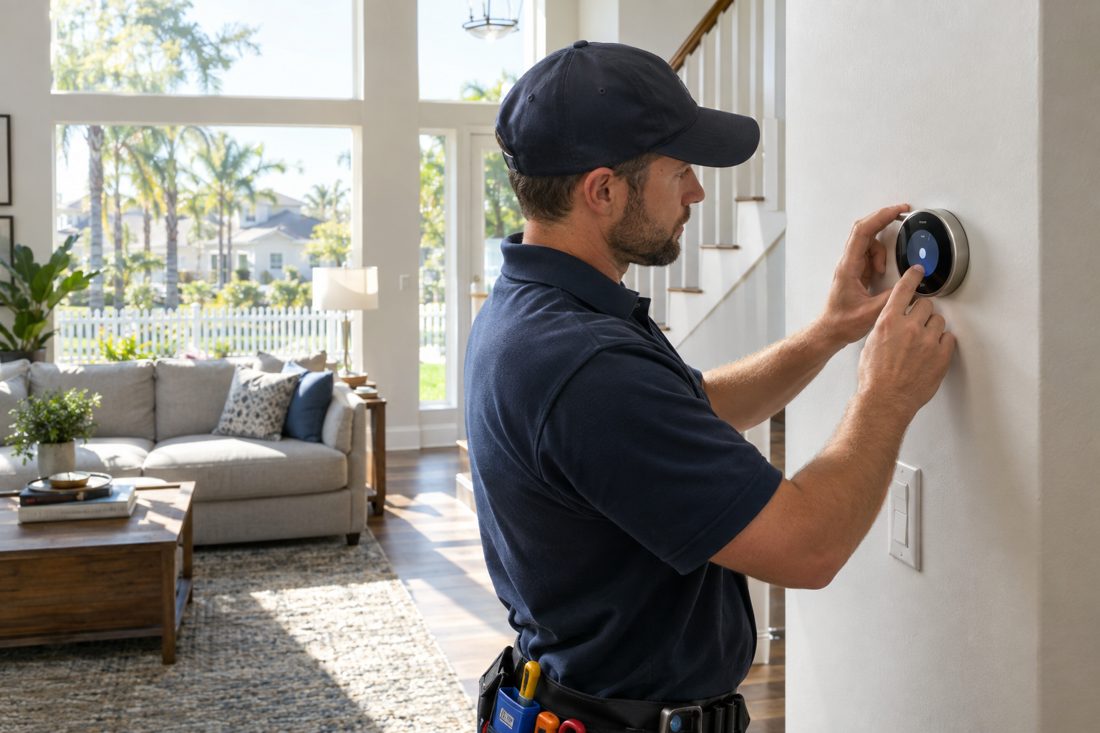 A smart thermostat being set up on a living room wall inside a newer two-story family home with a white picket fence in Olympia, FL