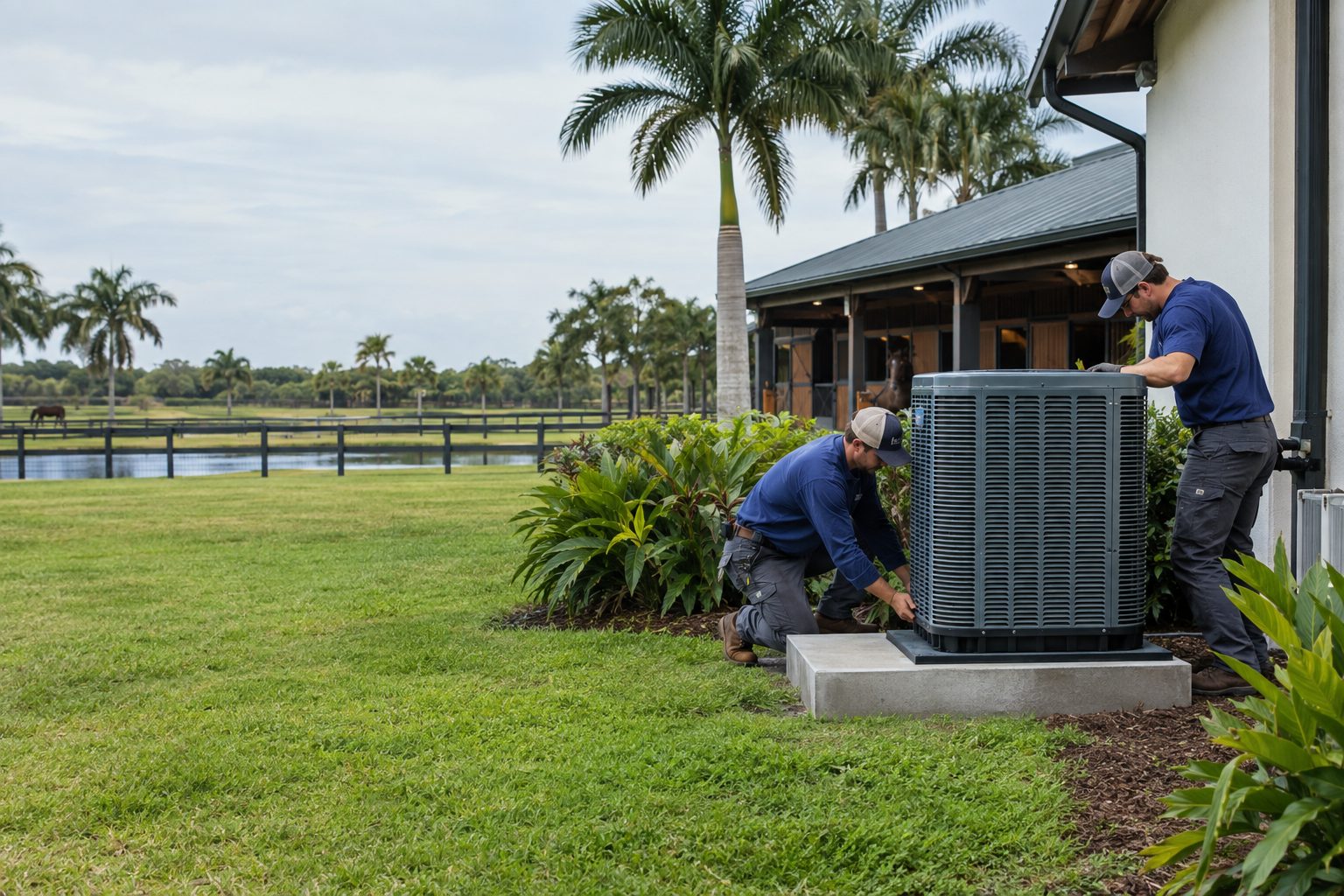 Two technicians setting a new heat pump on a raised pad at a luxury equestrian estate with barns in Palm Beach Point, FL