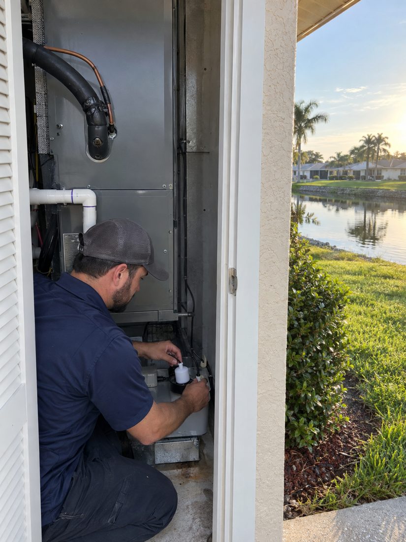 An air handler in a utility closet with a new float switch inside a 1990s single-story stucco home with a canal behind it in Royal Palm Beach, FL