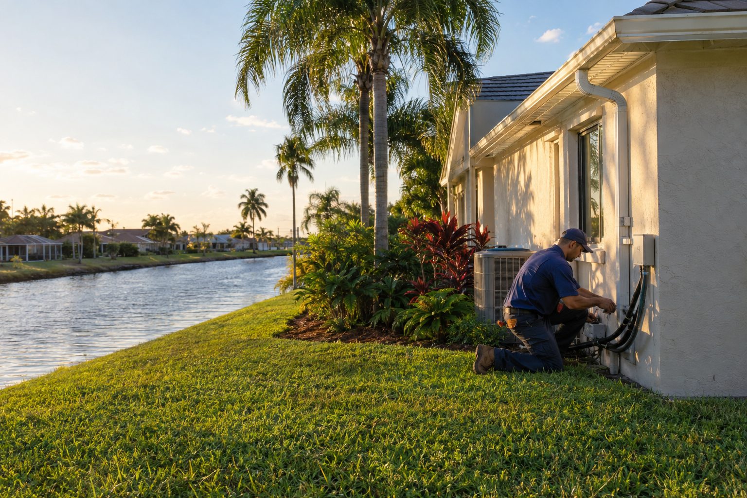 A tech examining the line set where it enters the wall at a 1990s single-story stucco home with a canal behind it in Royal Palm Beach, FL
