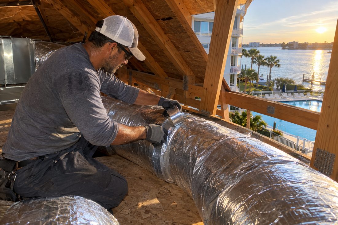 A technician sealing duct joints in a hot attic inside a waterfront condo building with a pool deck in Hypoluxo, FL