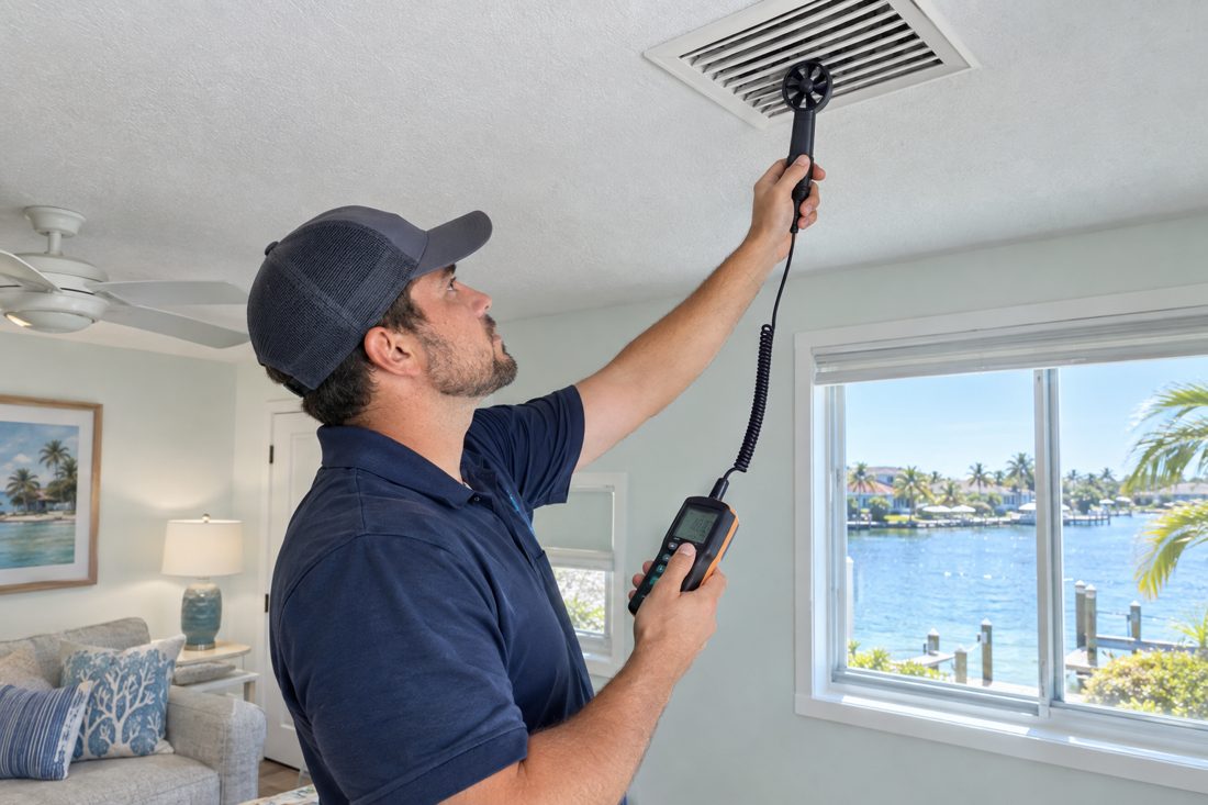 A technician measuring airflow at a ceiling vent with an anemometer inside a small coastal block home near the lagoon in Lantana, FL