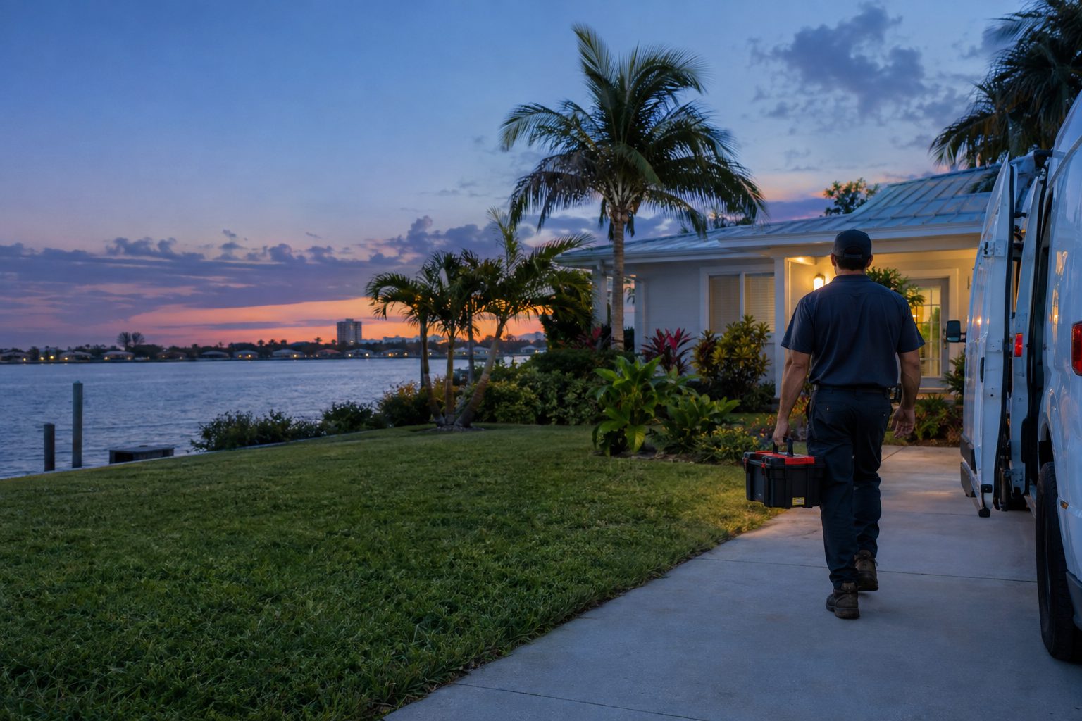 A technician walking from his van with a toolbox toward the house at a small coastal block home near the lagoon in Lantana, FL