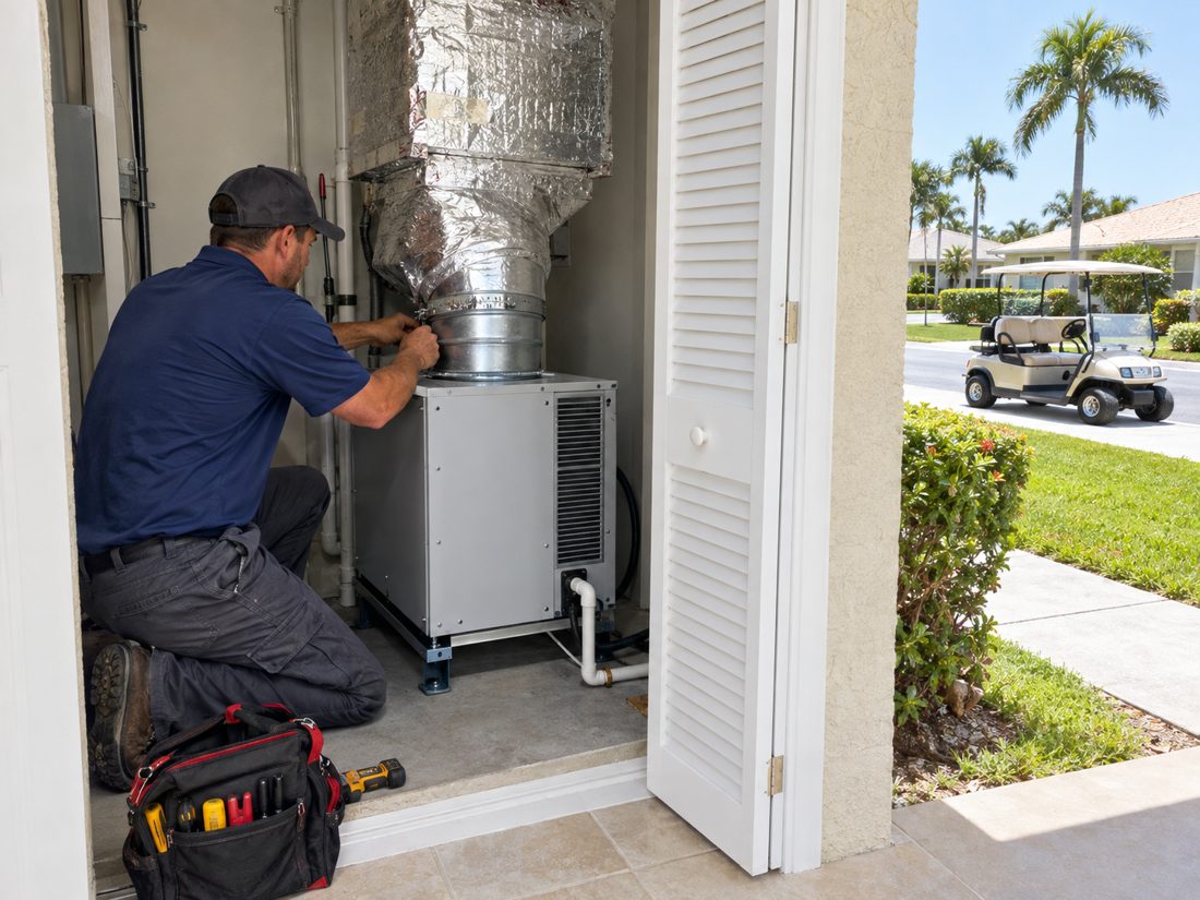 A dehumidifier tied into the ductwork in a closet inside a single-story retirement-community villa with a golf cart in Leisureville, FL